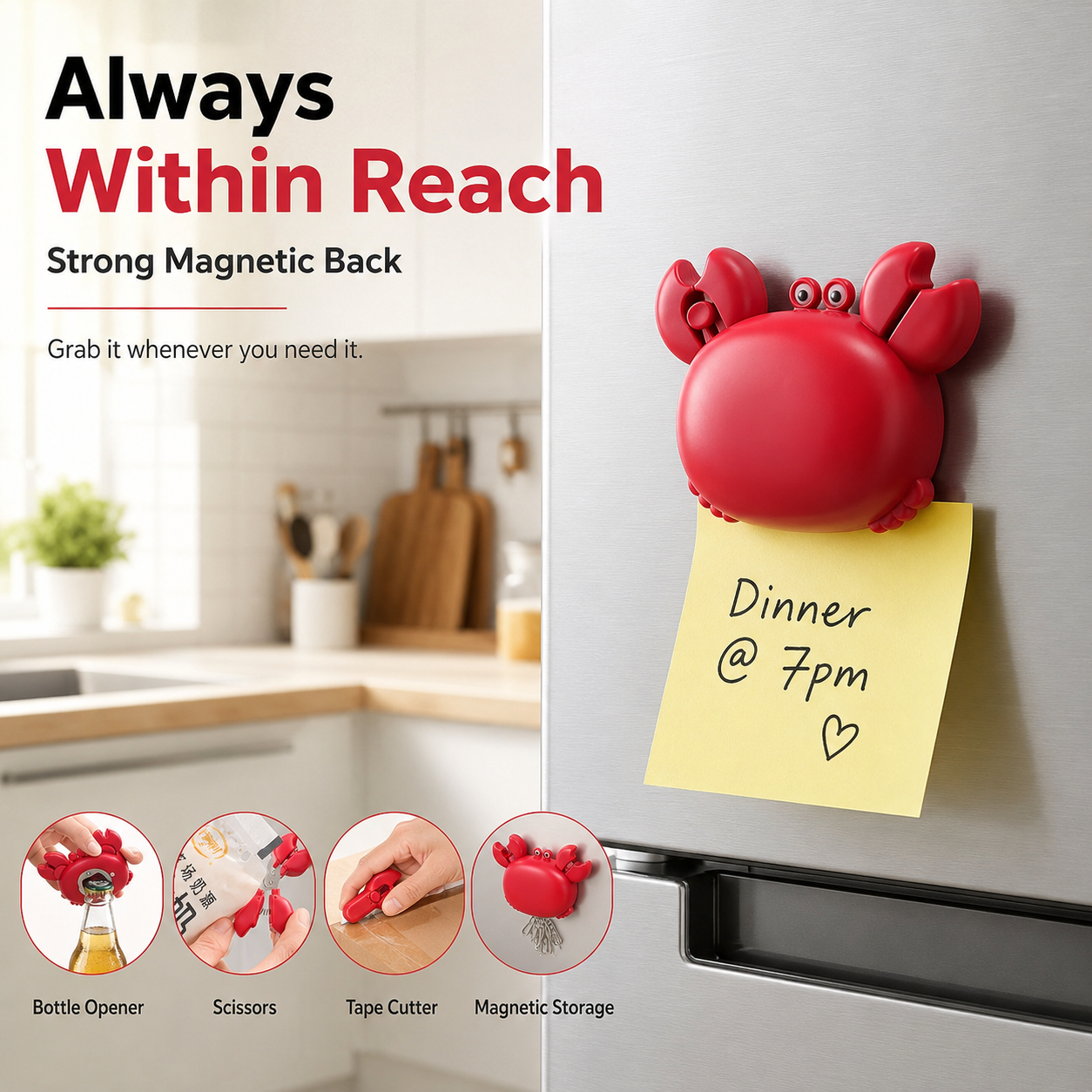 🦀 Cute 4-in-1 Crab Kitchen Gadget – Open, Cut, Slice & Stick Anywhere