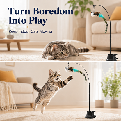 🐱 Interactive Cat Wand with Suction Cup & Natural Feathers 🪶