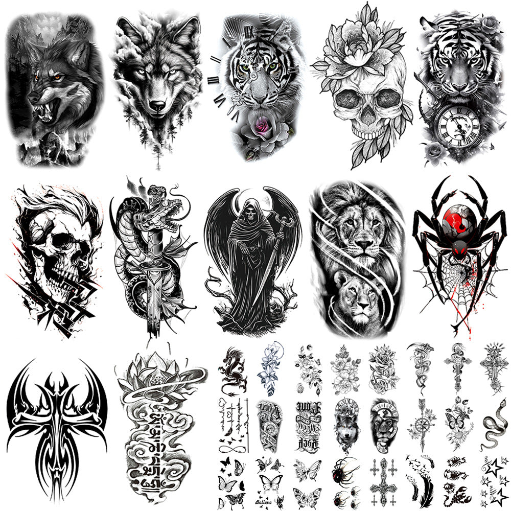🔥 76 Pcs Tribal Temporary Tattoo Set - Wolf, Lion & Skull | Instant Forearm Sleeve | Zero Pain 🐺✨