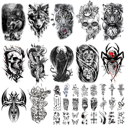🔥 76 Pcs Tribal Temporary Tattoo Set - Wolf, Lion & Skull | Instant Forearm Sleeve | Zero Pain 🐺✨