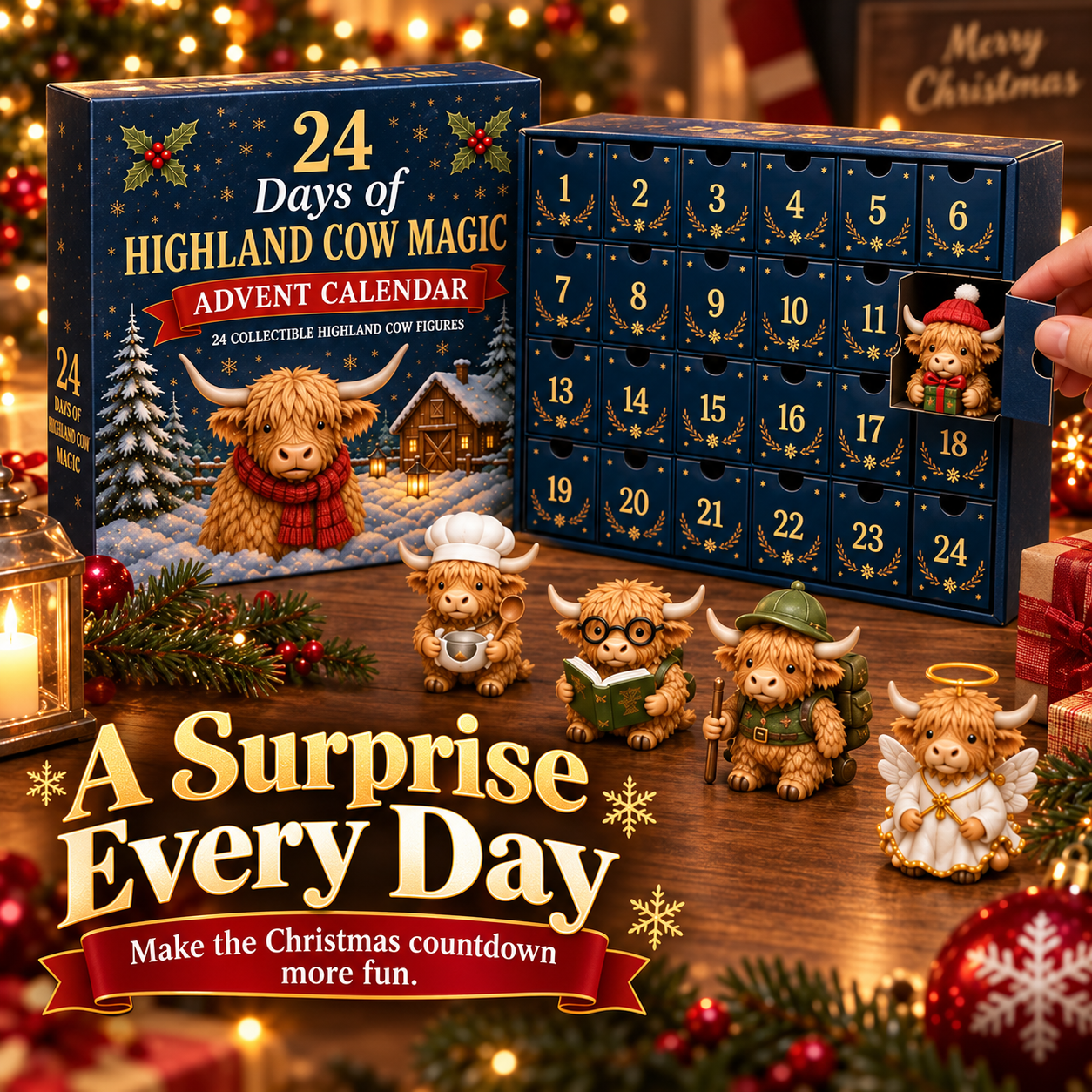 🐮 24 Days of Highland Cow Surprises Advent Calendar – Festive Miniature Herd Set 🎄