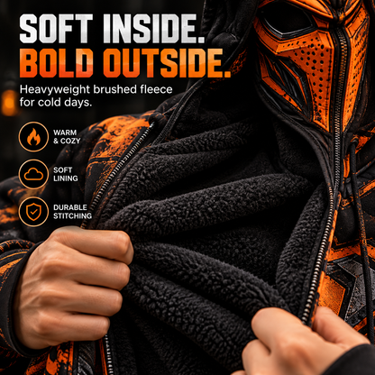 🔥 Full-Face Zip Hoodie – Armor-Inspired Fleece Streetwear with Quilted Shoulders