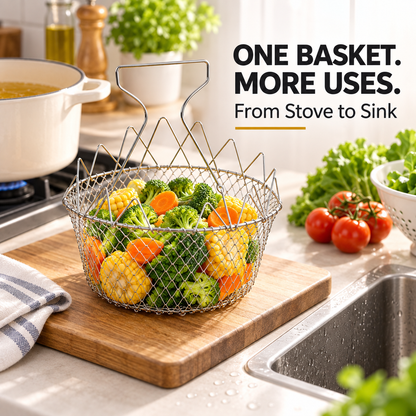 🔥 BUY 1 GET 1 FREE – Foldable Stainless Steel Frying Basket & Colander ✨