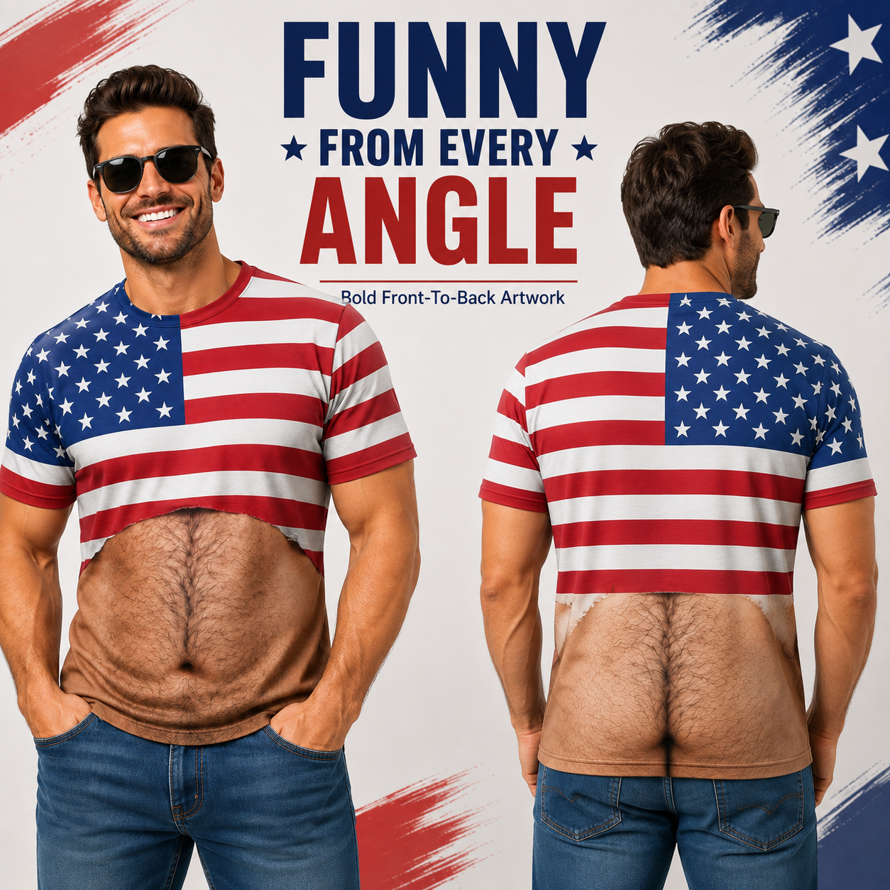 🇺🇸 Men's Novelty Patriotic American Flag Body Hair 3D Printed T-Shirt 👕