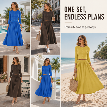 👗 Women's 2-Piece Ribbed Cardigan & Flowing Skirt Set ✨