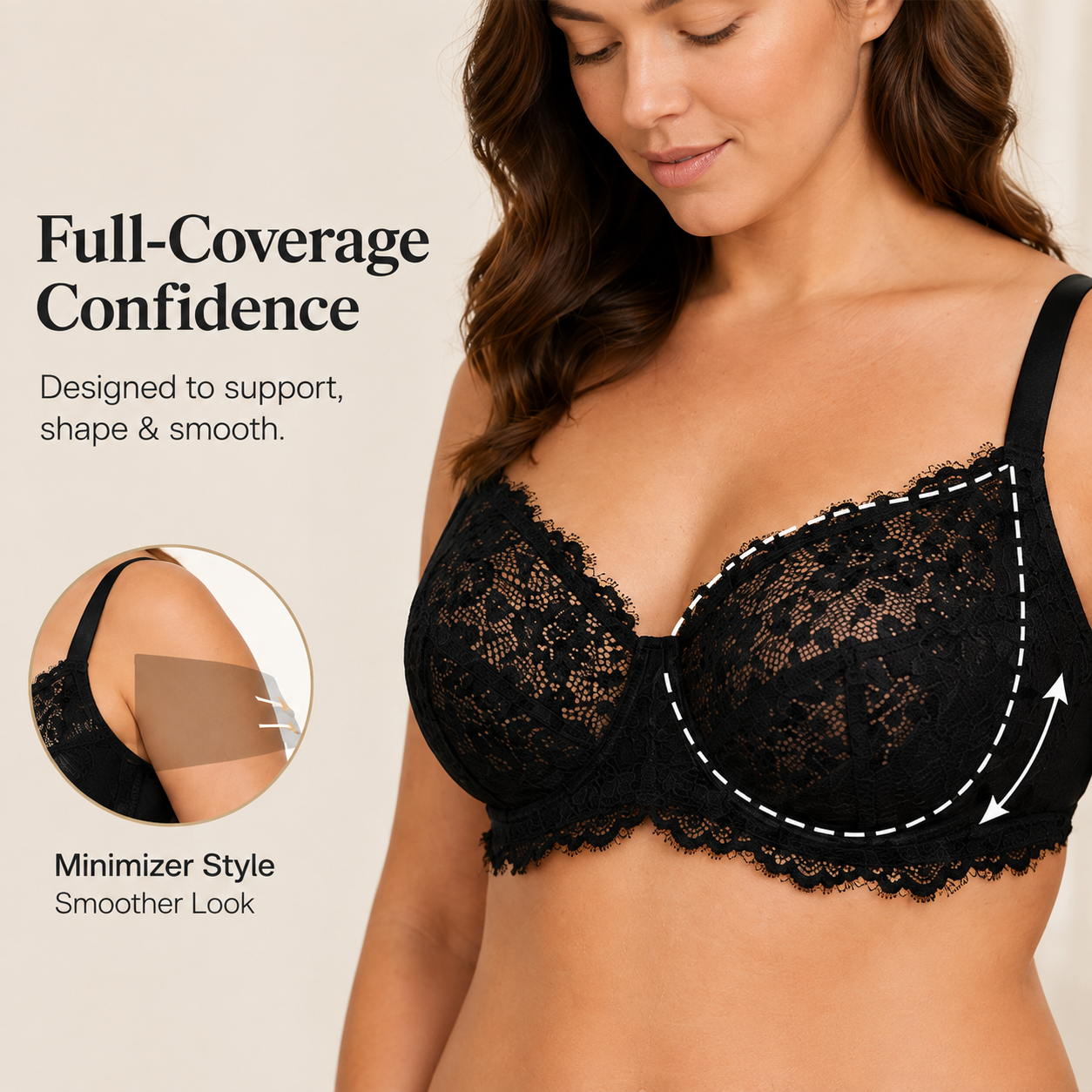 🌸 Full-Coverage Lace Minimizer Bra with Plush Underwire & Smoothing U-Back ✨