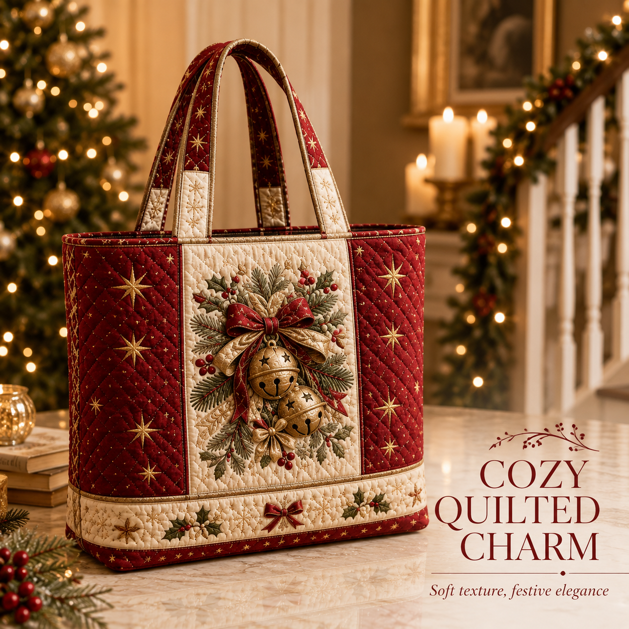 ⚡ LIMITED TIME: 50% OFF 🎄 Quilted Christmas Shoulder Tote Bag – Festive Holiday Shopping Bag 🎁