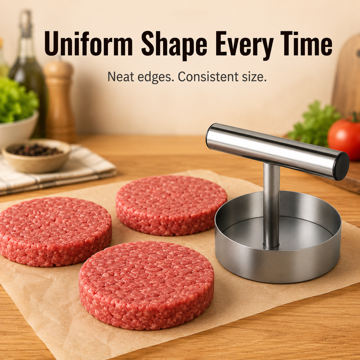 🍔 Stainless Steel Burger Patty Press Set – 85mm T-Handle Meat Mold Maker 🔥
