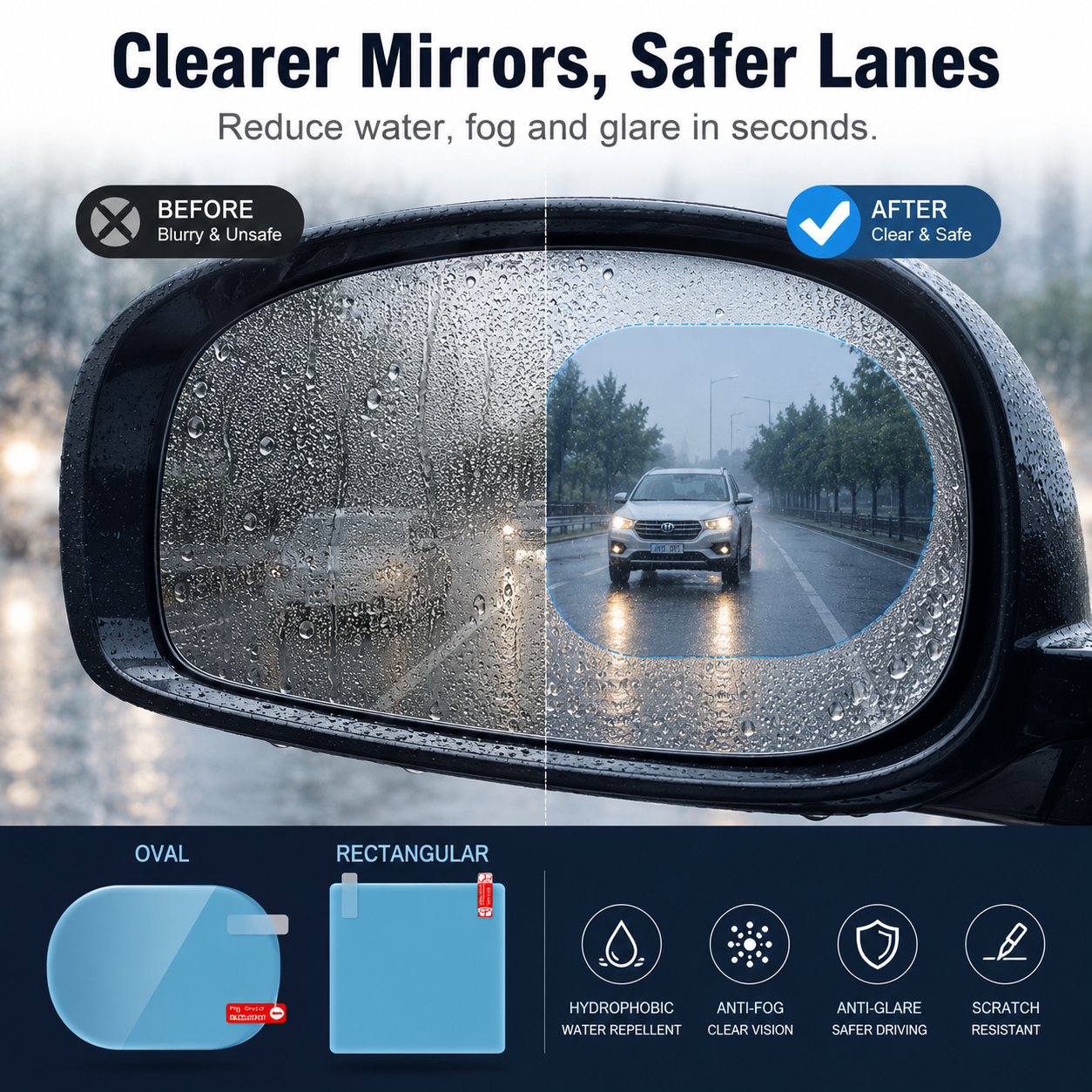 💧 Clear View Mirror Film – Rainproof & Anti-Fog