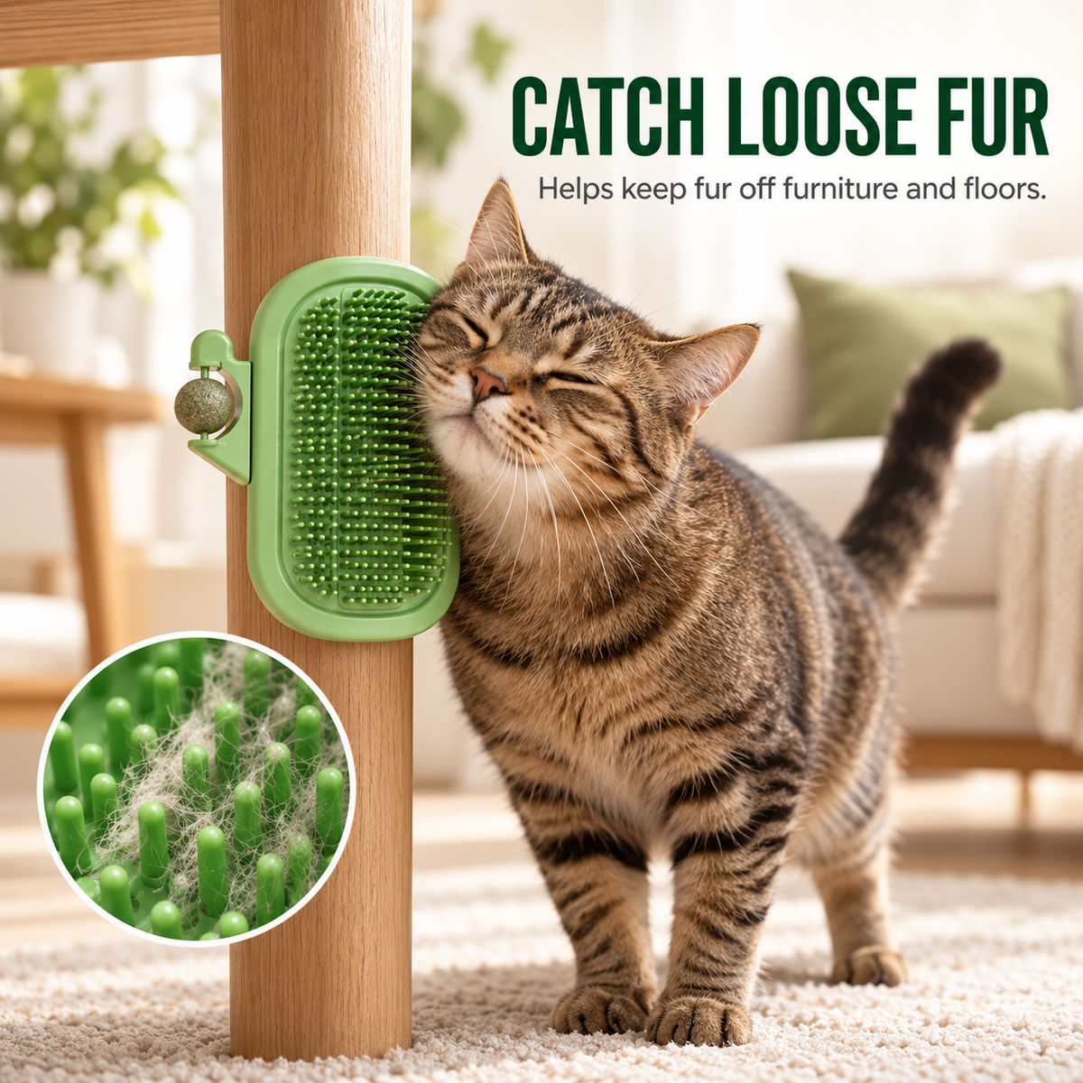 🐾 3-in-1 Cat Self-Grooming Corner Brush with Catnip Ball & Feather Teaser 🌿