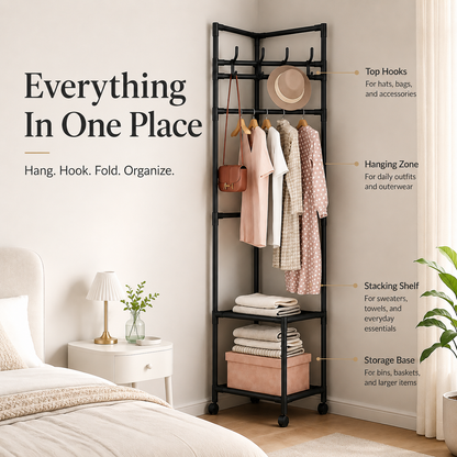 👗 Freestanding Corner Garment Rack with Wheels & Storage Shelves 👠