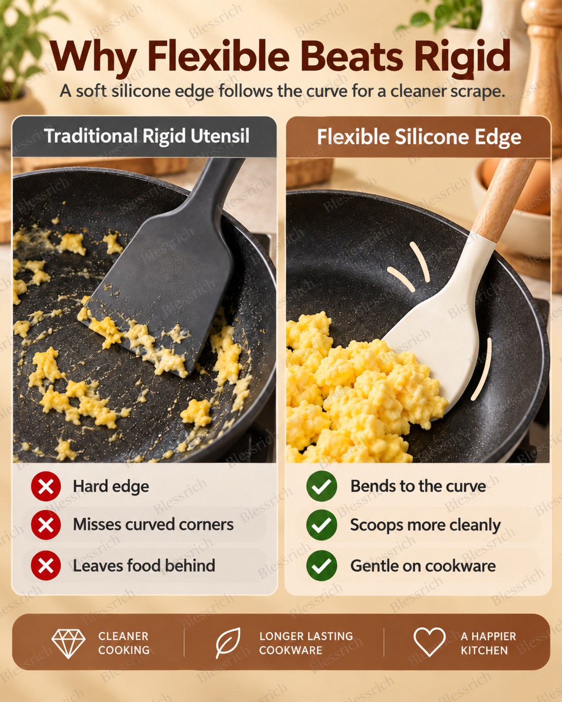 🍳 Flexible Silicone Kitchen Utensils – 3-Piece Wood Handle Cooking Set