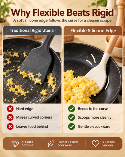 🍳 Flexible Silicone Kitchen Utensils – 3-Piece Wood Handle Cooking Set