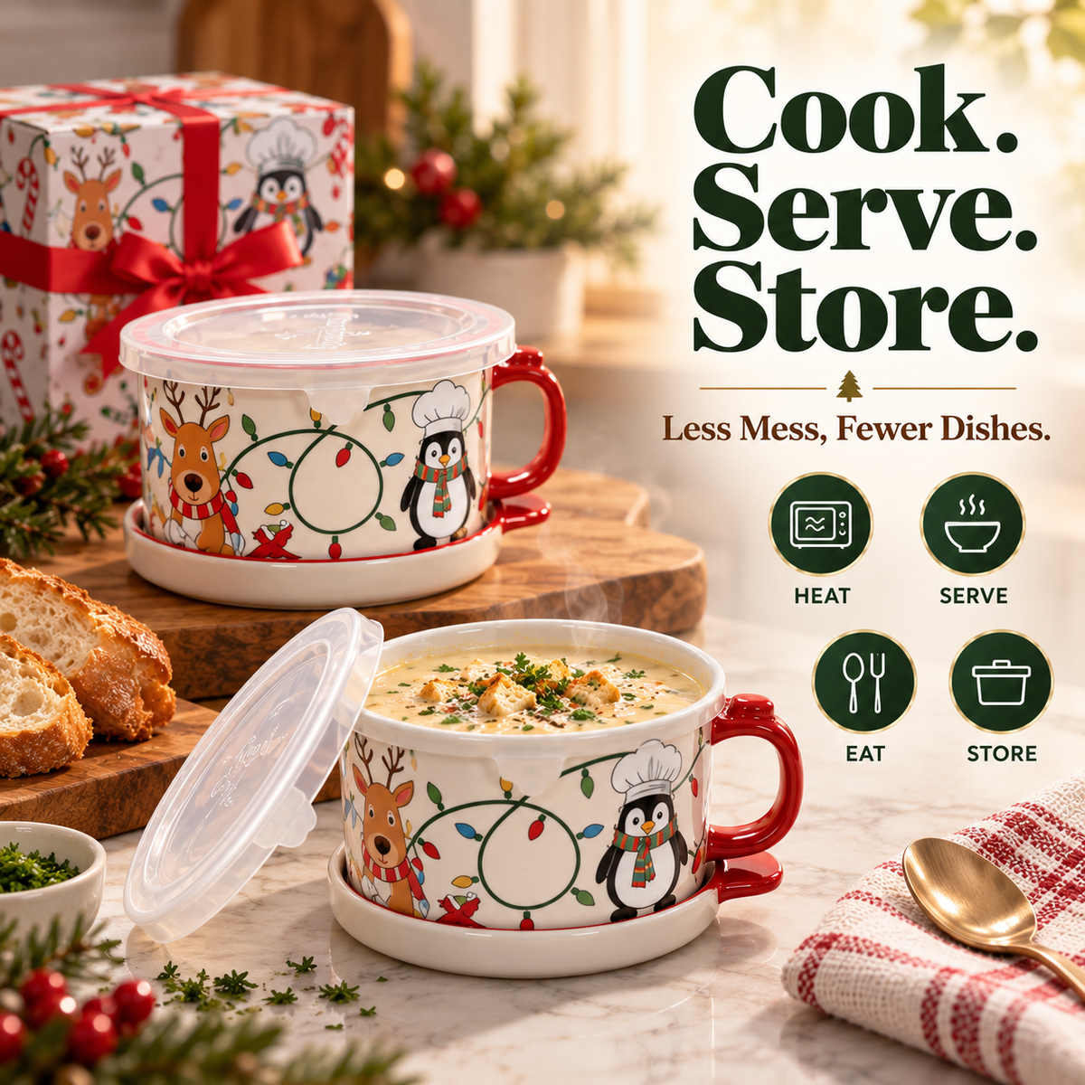 🥣 4-Piece 25-oz Ceramic Soup Mug Meal Sets with Lid-its & Storage Covers 🎁