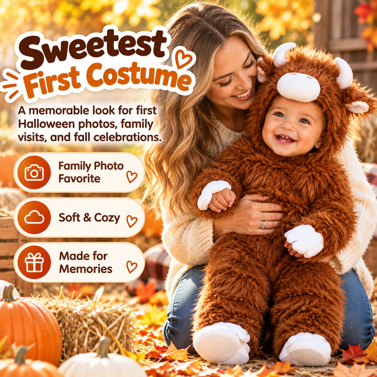🦬 Baby Buffalo Halloween Costume – Cozy Plush Hooded Animal Jumpsuit for First Halloween Photos