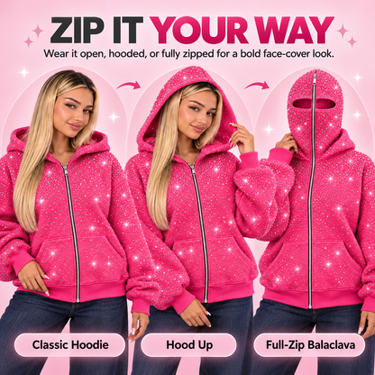 💎 50% OFF Rhinestone Full-Zip Hoodie – Oversized Y2K Balaclava Streetwear