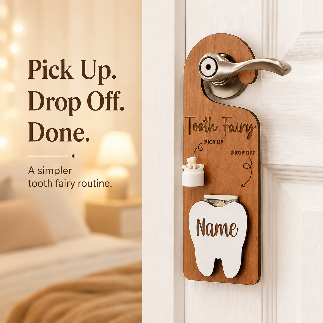 🧚 Personalized Wooden Tooth Fairy Door Hanger with Money Pocket 🦷