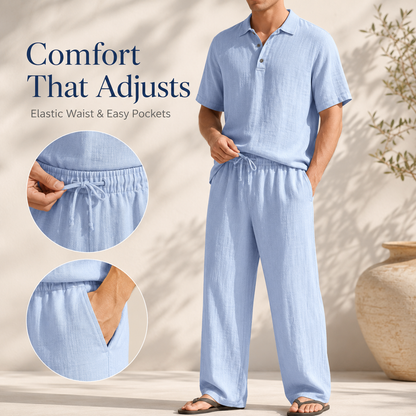 🌿 Men's 2-Piece Linen Outfit Set • Breathable Short-Sleeve Polo Shirt & Relaxed Pants 🏖️