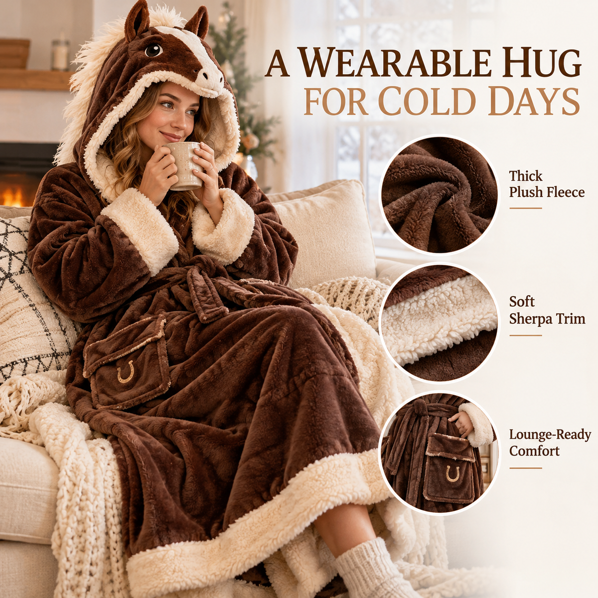 🐴 Horse Lover Plush Robe – Full-Length Sherpa-Lined Cozy Hooded Bathrobe