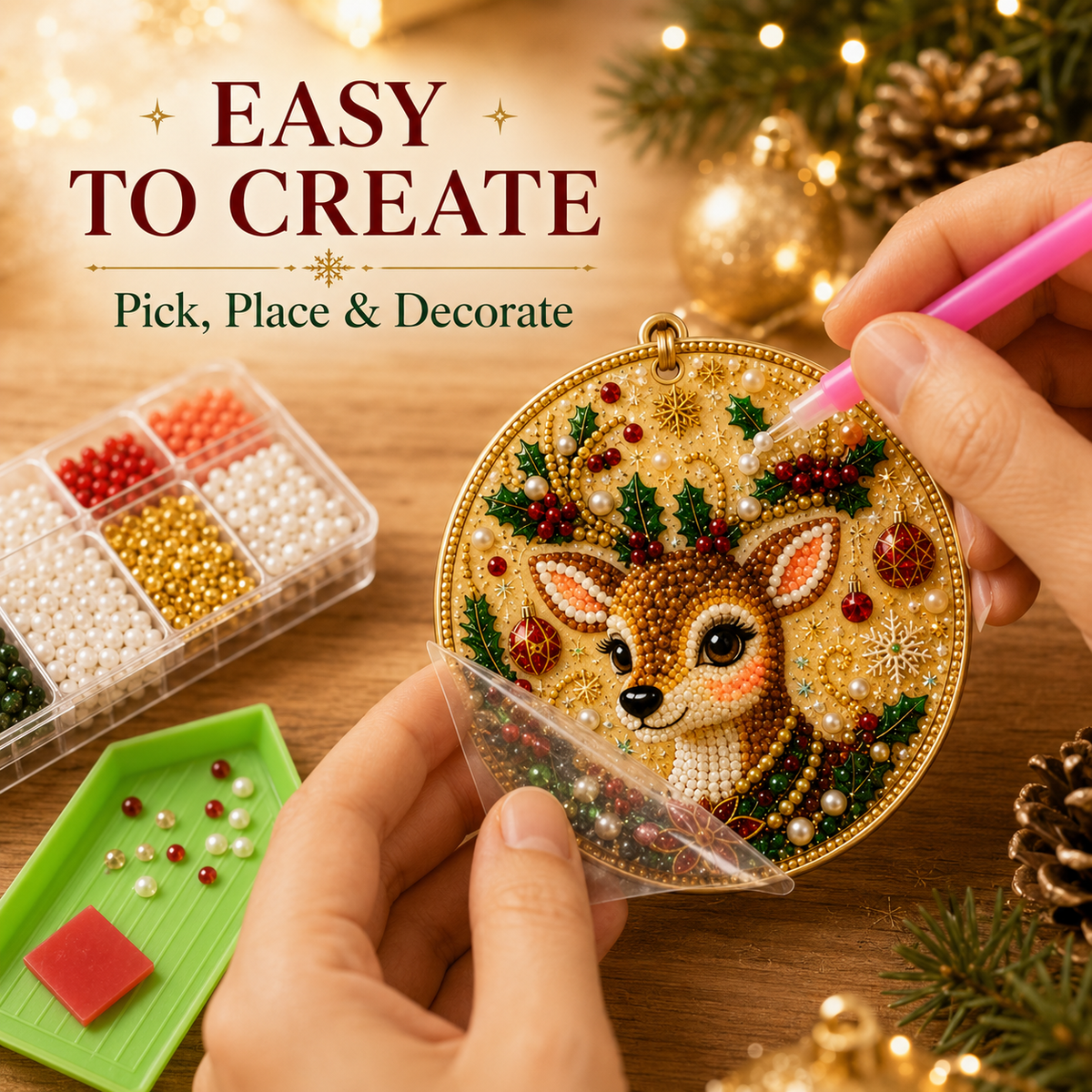 🎄 6-Piece Christmas Diamond Art Wooden Ornament Kit – DIY Pearl & Rhinestone Crafts ✨
