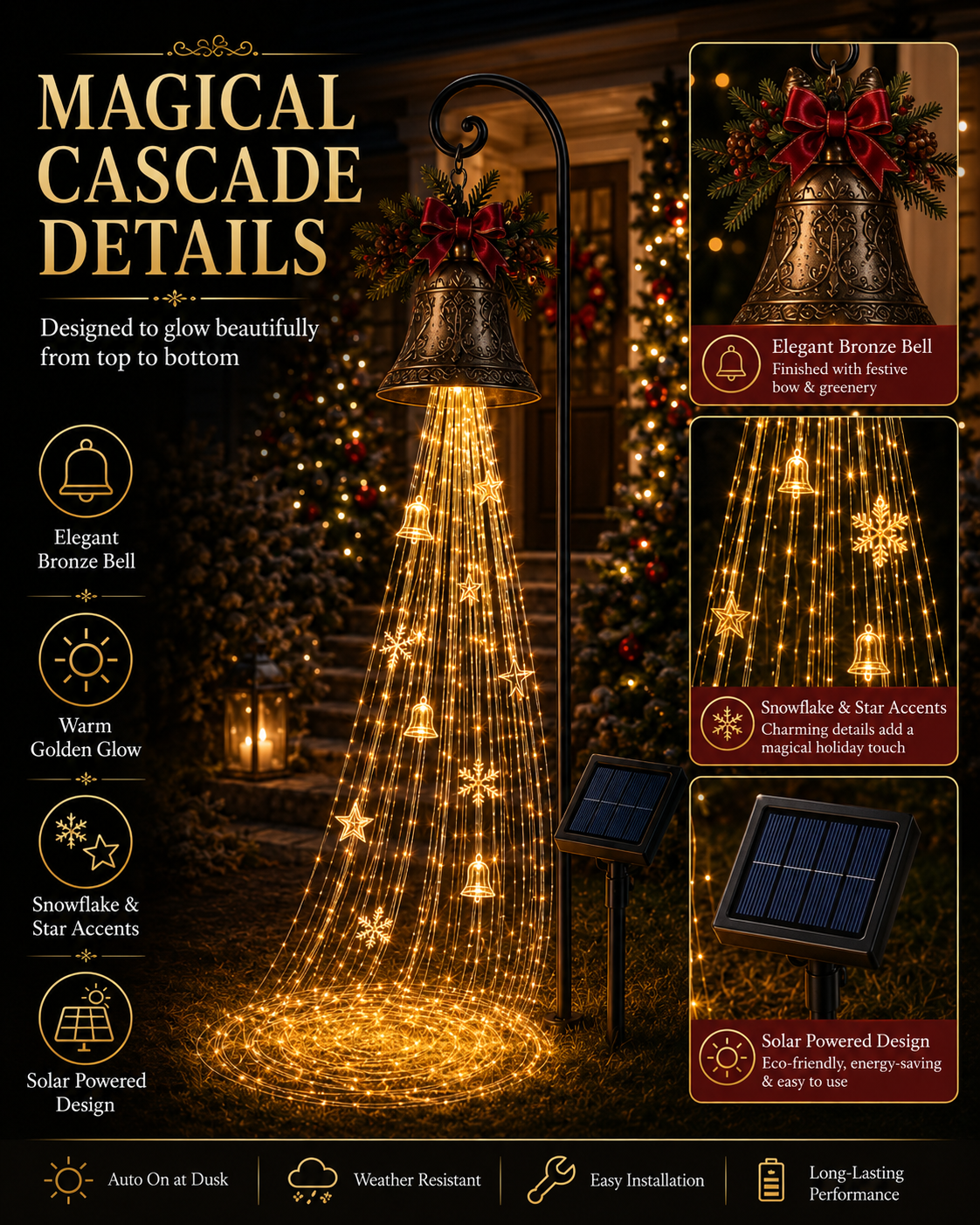 🔔 Solar Christmas Bell Cascade Yard Light with Warm LEDs ✨