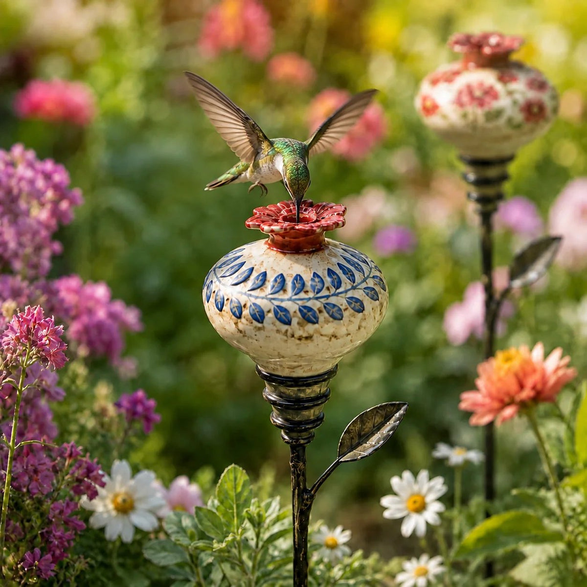 🌺 Ceramic Hummingbird Feeder Garden Stake for Outdoor Décor