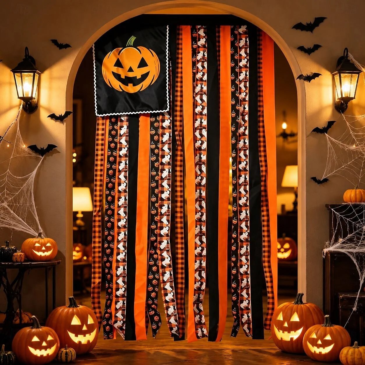 🎉Halloween Banner Flag Pre-Lit Pumpkin Fabric Ribbon Garland Streamers