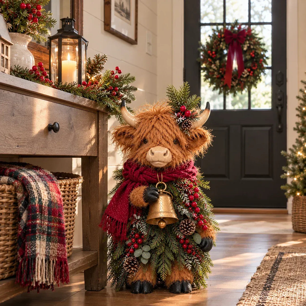 🎄 Christmas Highland Cow Figurine 🔔 Vintage Bell, Burgundy Scarf & Evergreen Accents