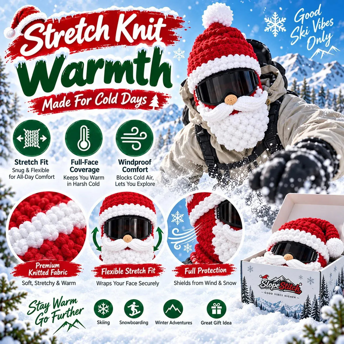 🎿 Festive 3D Christmas Knitted Full-Face Ski Mask with Goggle-Compatible Opening ❄️