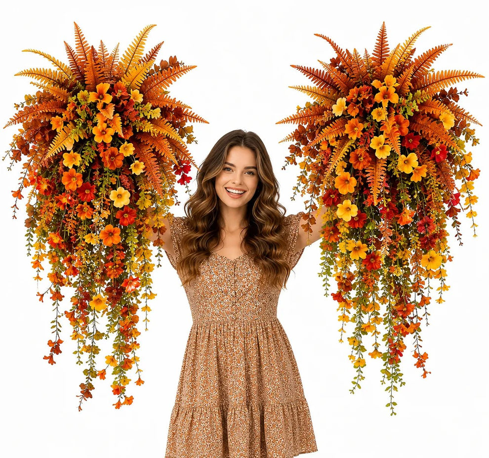 🔥On Sale Only Today 🍂 🍁 Fall Artificial Hanging Flower Basket Set for Front Door Porch Decor 🍂