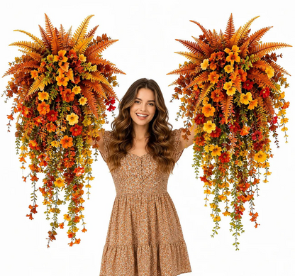 🔥On Sale Only Today 🍂 🍁 Fall Artificial Hanging Flower Basket Set for Front Door Porch Decor 🍂