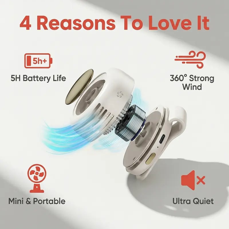 🏕️ Summer Outing Essential – Bladeless Clip Fan for Stroller, Desk, Waist & Phone