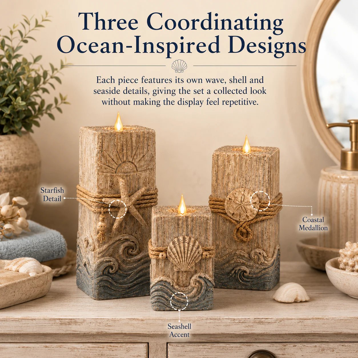 🔥 HOT SALE 🔥🌊 Coastal Wooden LED Candle Set of 3 with Remote & Timer 🕯️