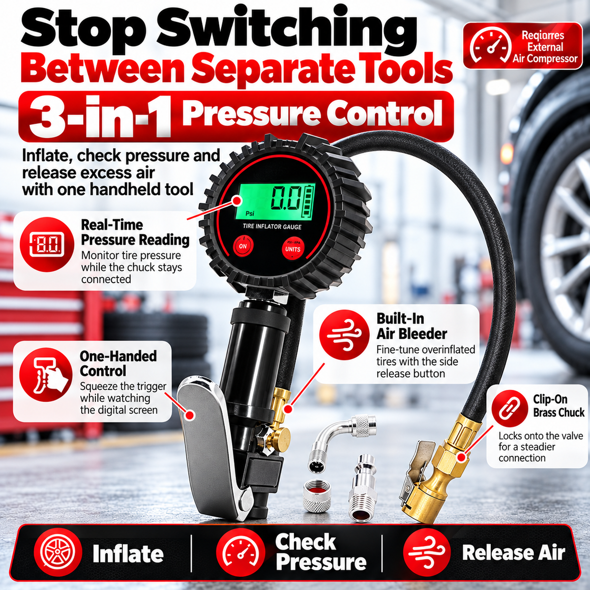 🚗 200 PSI Digital Tire Inflator Gauge – 3-in-1 Air Chuck, Pressure Gauge & Bleeder