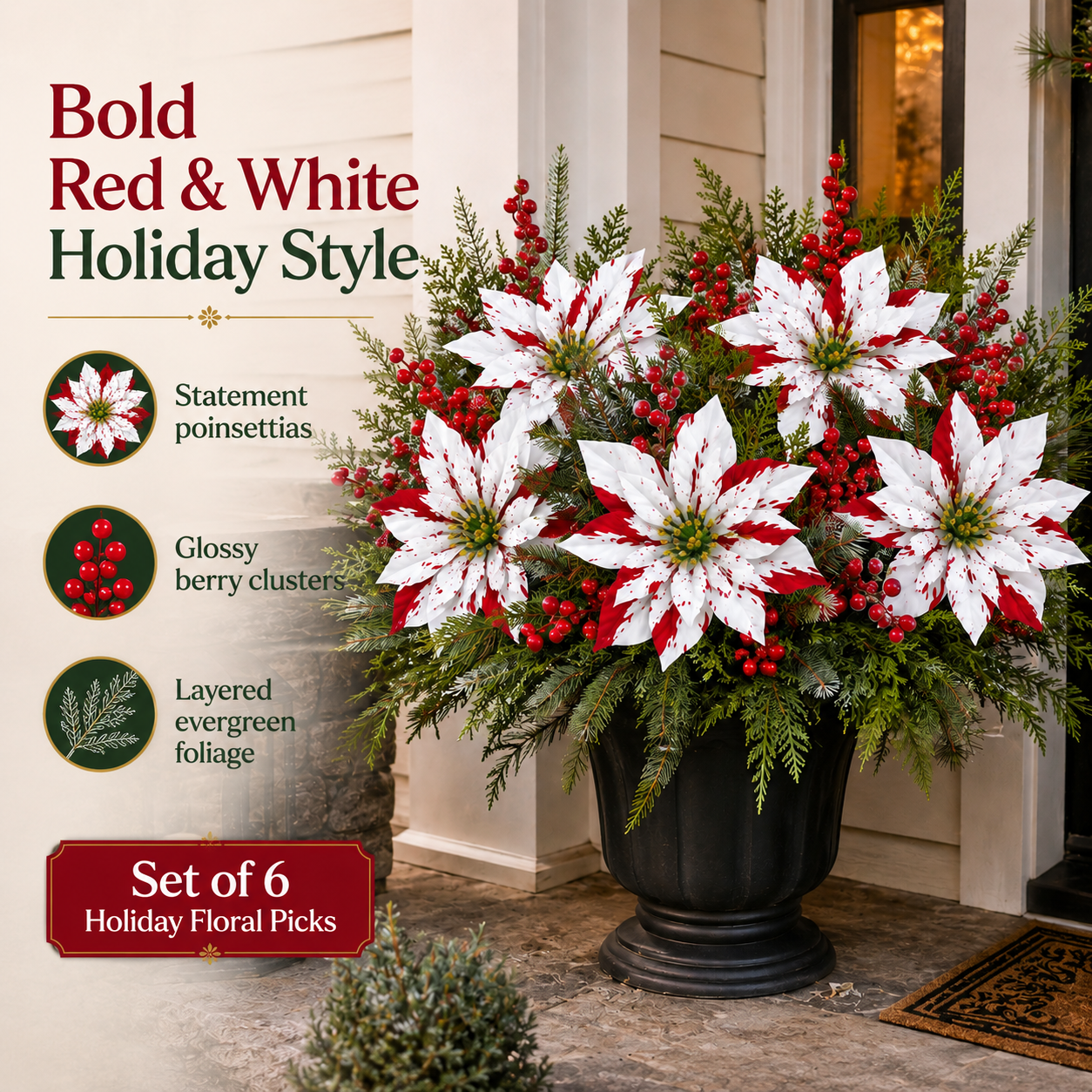 🎄 Set of 6 Christmas Poinsettia Planter Insert Picks – Red & White Holiday Urn Decor 🌺