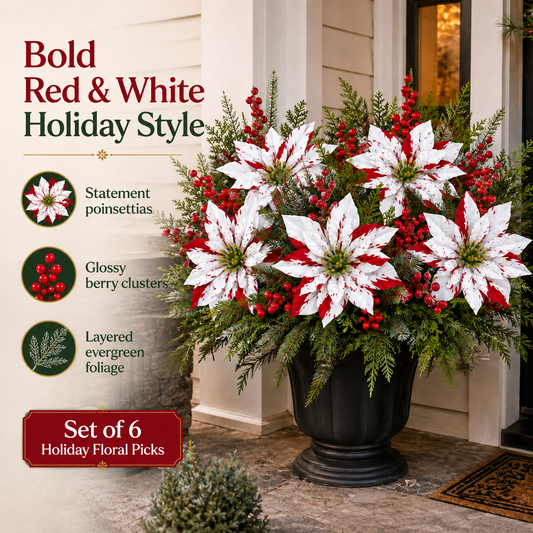 🎄 Set of 6 Christmas Poinsettia Planter Insert Picks – Red & White Holiday Urn Decor 🌺