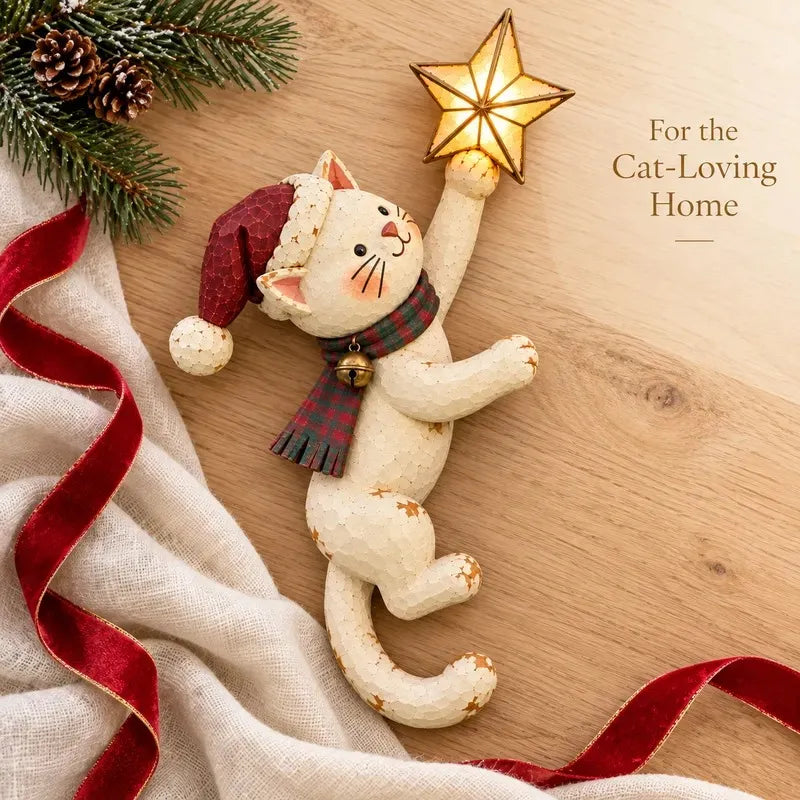 🎄 Lighted Christmas Cat Tree Topper – Climbing Kitty with Glowing Star