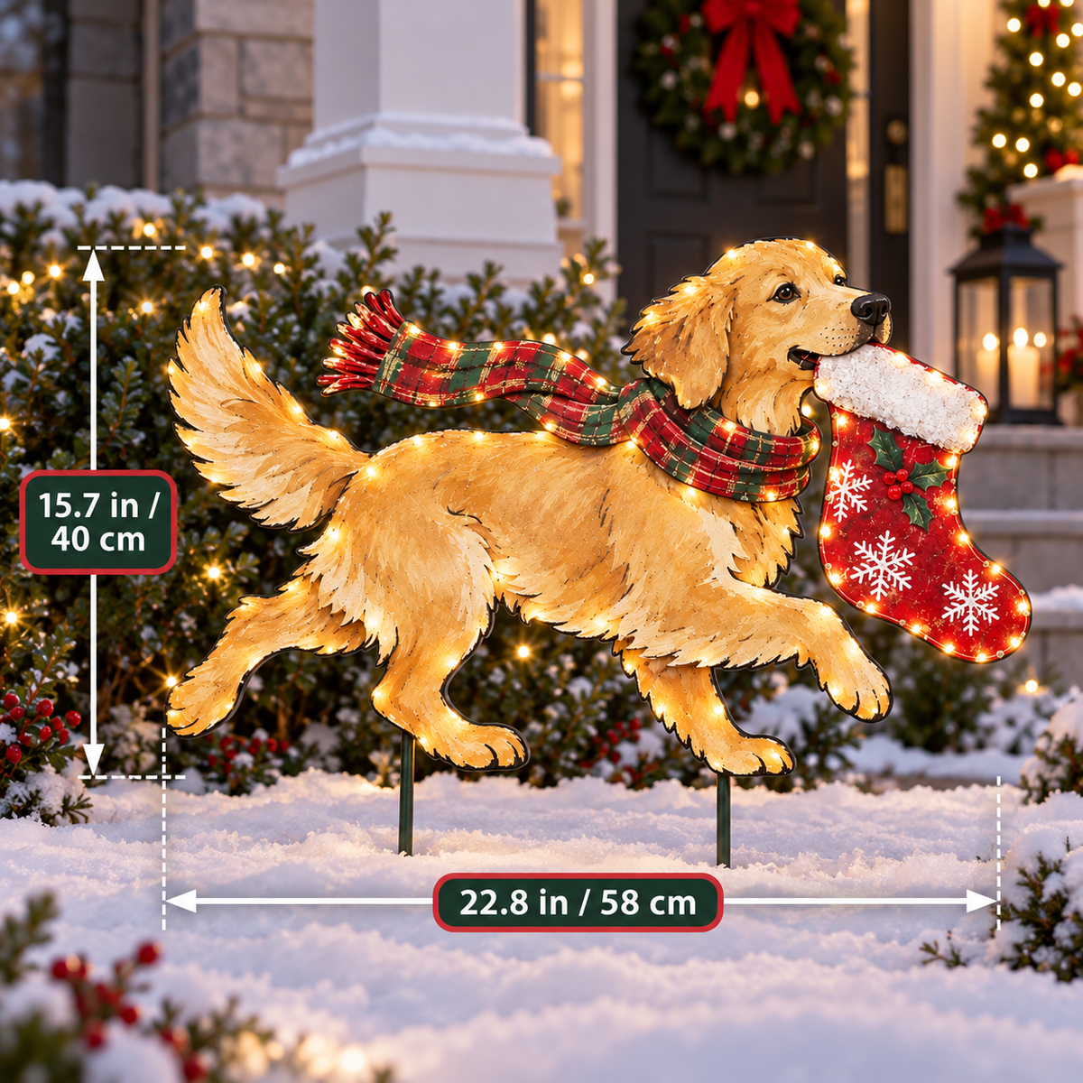 🐕🎄 Stocking Dash™ | Lighted Golden Retriever Christmas Yard Stake