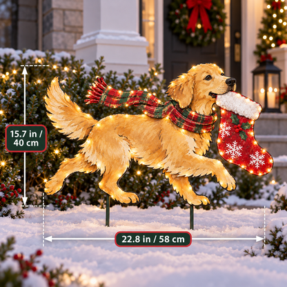 🐕🎄 Stocking Dash™ | Lighted Golden Retriever Christmas Yard Stake