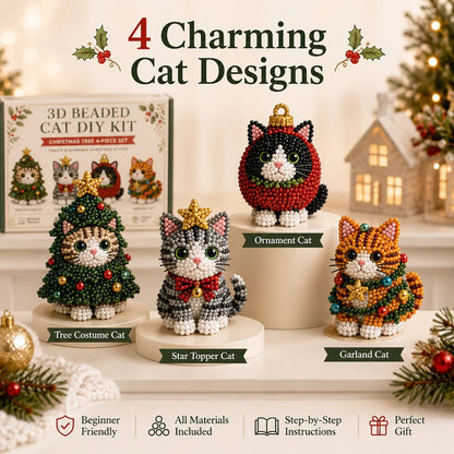 🎄 3D Beaded Christmas Cat DIY Craft Kit Set of 4 Handmade Ornaments 🐱
