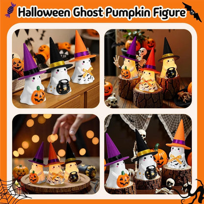 👻🌟3Pcs Light-up Ceramic Ghost Halloween Decor | Cute Ghost Figurines with Colorful Witch Hats