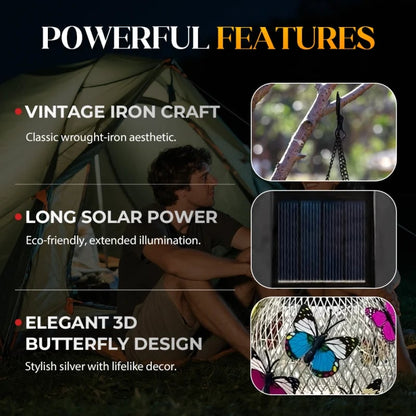 🦋 Solar Butterfly Iron Lantern – Vintage Hanging Garden Light