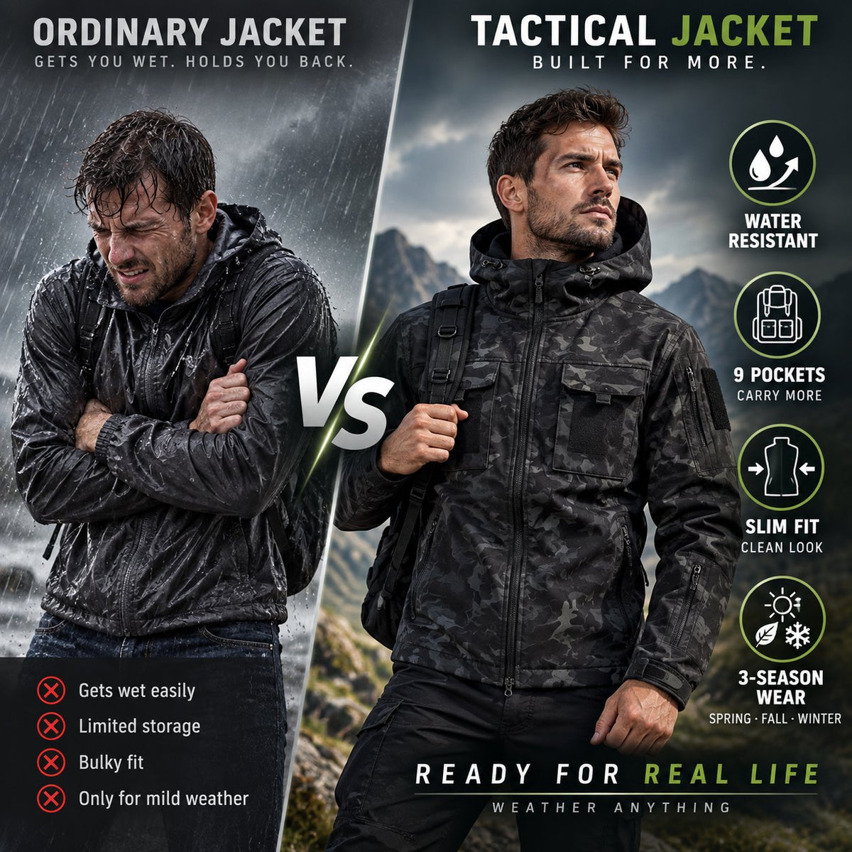 🏕️ Tactical Hooded Jacket with 9 Utility Pockets and Warm Fleece Lining