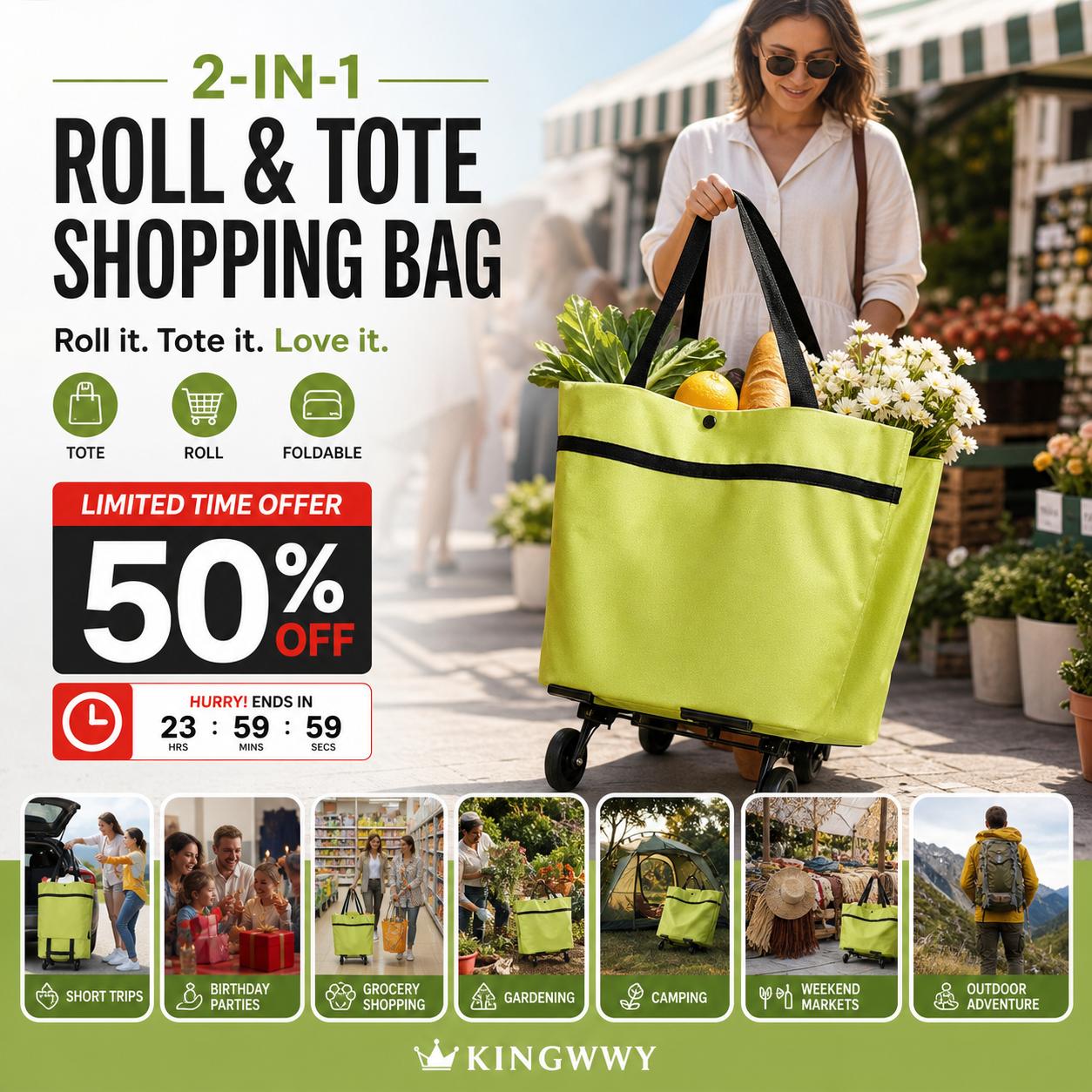 🛒 Foldable 2-in-1 Shopping Cart Bag with Wheels 🛍️