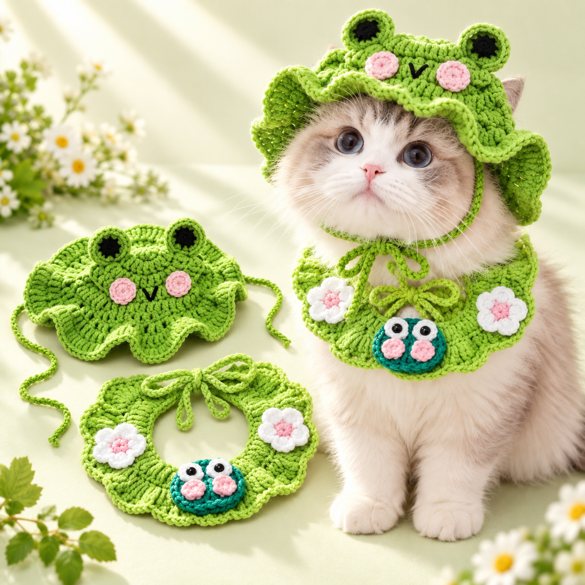🐾 Handcrafted Crochet Pet Hat & Collar Set – Viral Cute Photo Costume Set ✨