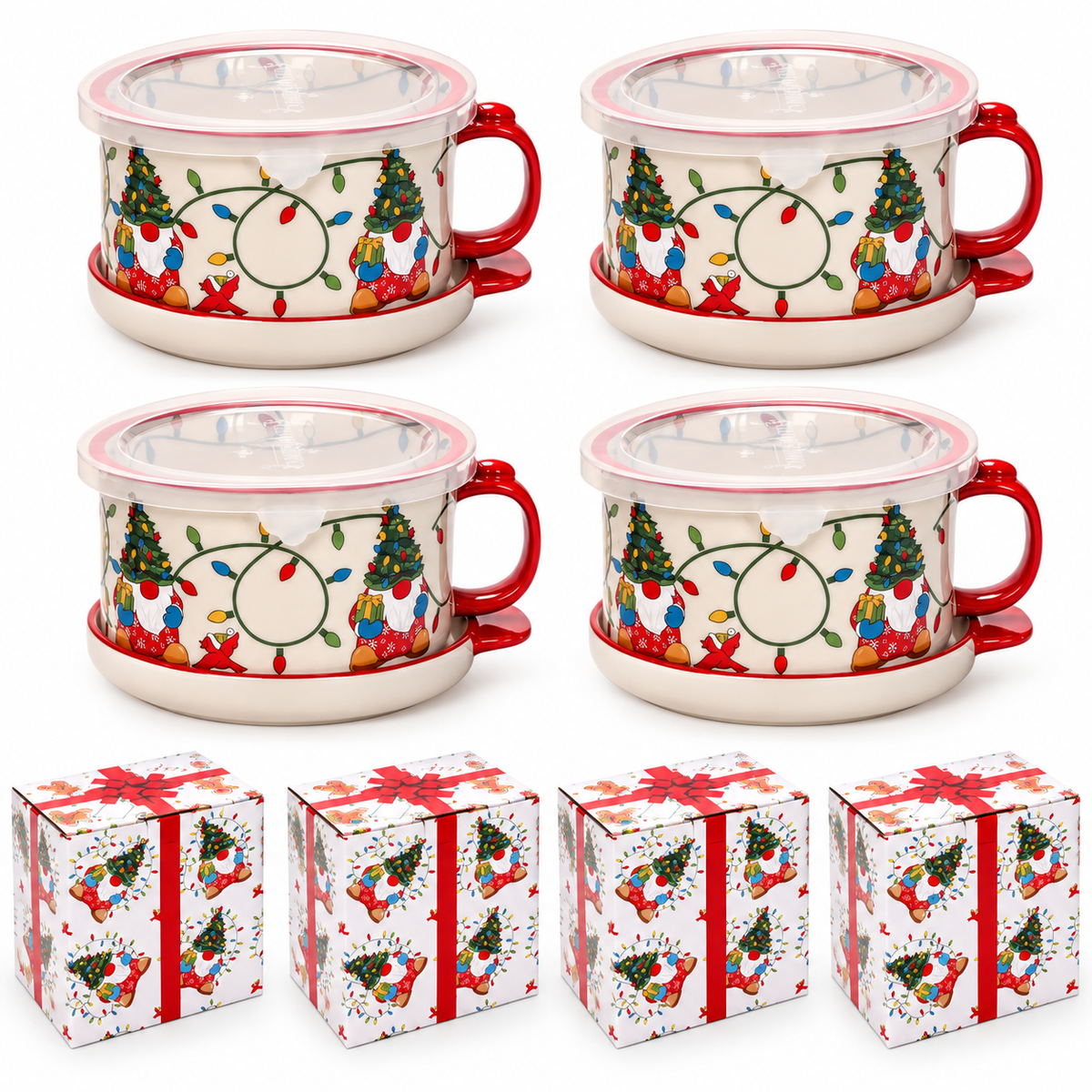 🥣 4-Piece 25-oz Ceramic Soup Mug Meal Sets with Lid-its & Storage Covers 🎁