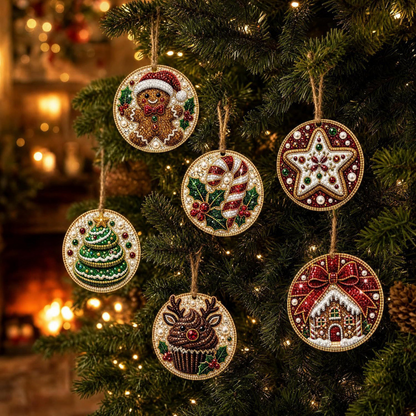 🎄 6-Piece Christmas Diamond Art Wooden Ornament Kit – DIY Pearl & Rhinestone Crafts ✨