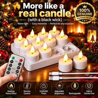 ✨12pcs  Rechargeable Flameless Tea Lights with Remote – Realistic Flickering LED Candles & Timer