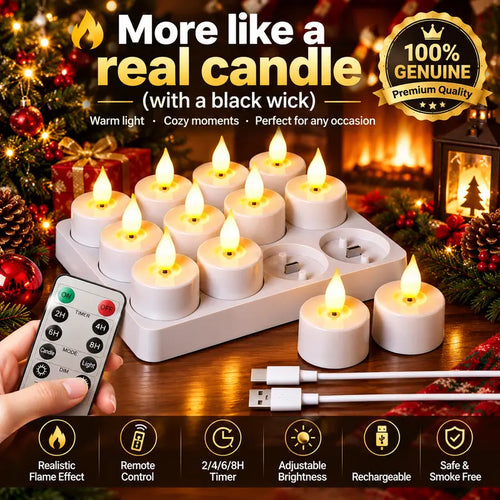 ✨12pcs  Rechargeable Flameless Tea Lights with Remote – Realistic Flickering LED Candles & Timer