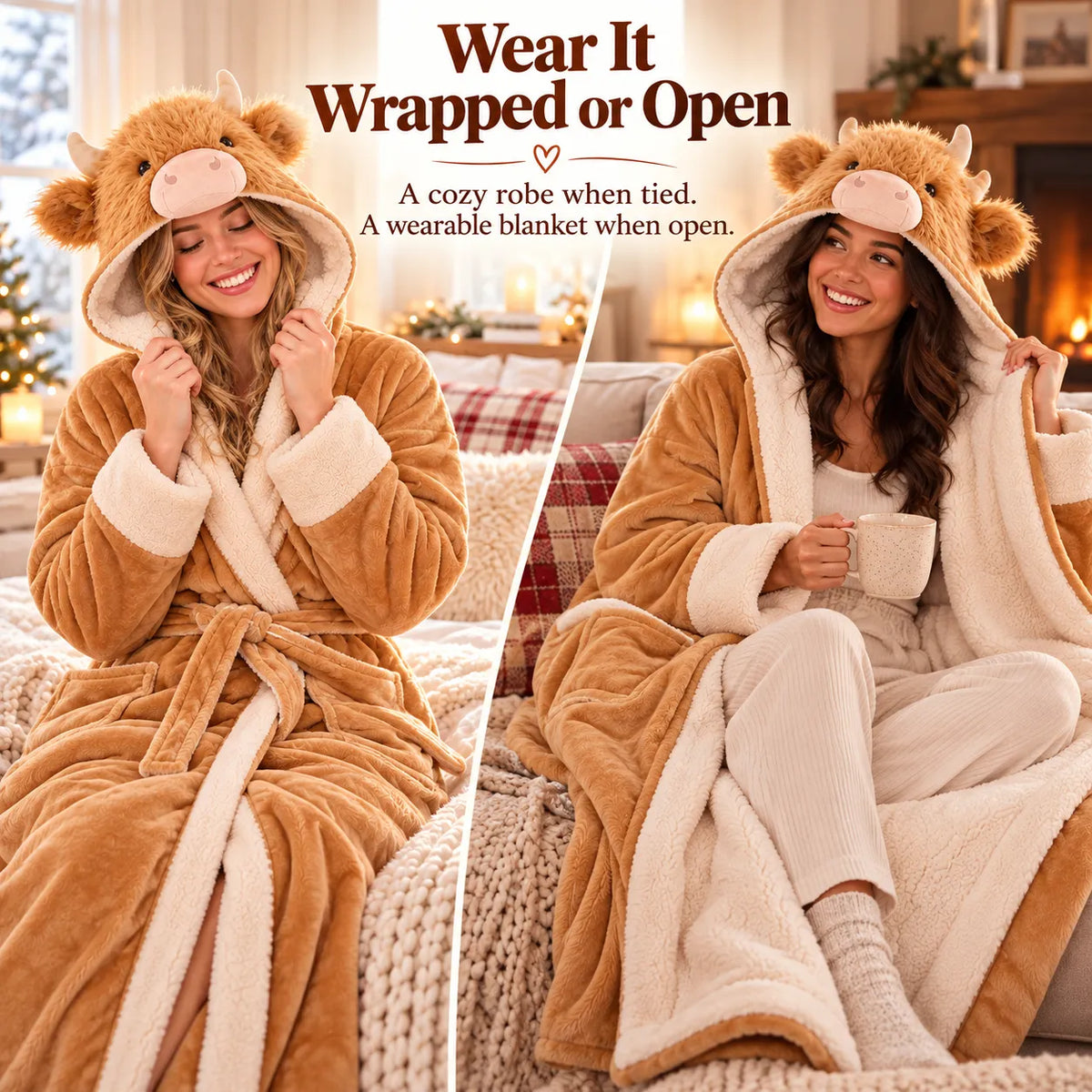 🐮 Cozy Highland Cow Hooded Plush Robe ✨ Your Winter Just Got Fluffier!